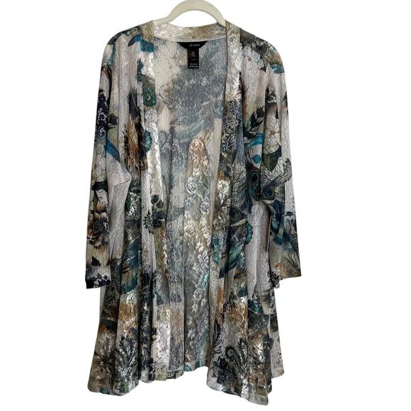Ali Miles Open Front Kimono 2X Sheer Mesh Lace Multicolor Floral Peacock Feather - Picture 1 of 8